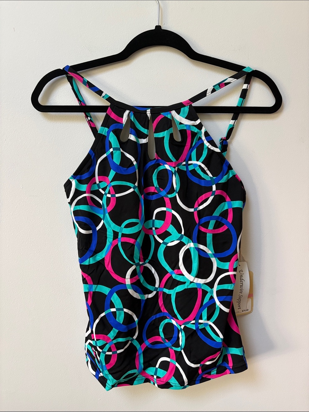 Caribbean Joe “O” MY Cut Out High Neck w/ Floating Underwire Tankini Top,10,NWT